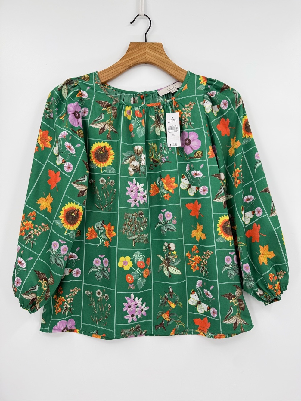 Loft Emerald Botanical Nature Fall Sunflower Insect Puff Sleeve Satin Blouse XS